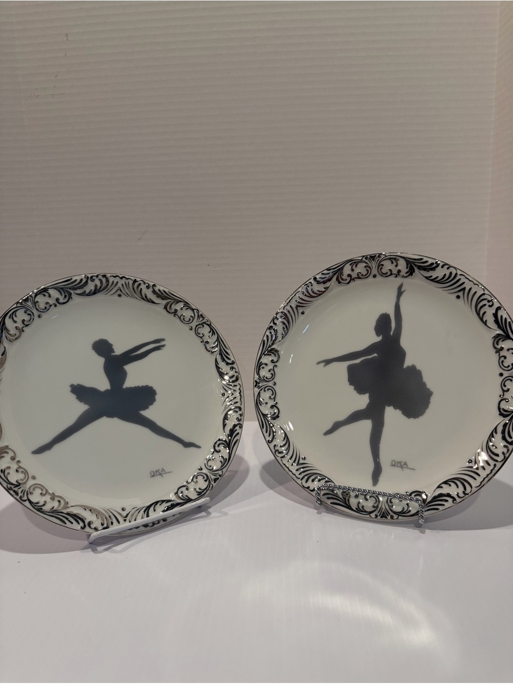 Vtg Ballerina Silhouette Silver And White Hanging Plates Set Of 2 With Hangers